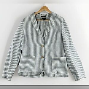 Tahari Women's Jacket Sz Large Linen Stipped Blazer Blue White Coastal Preppy